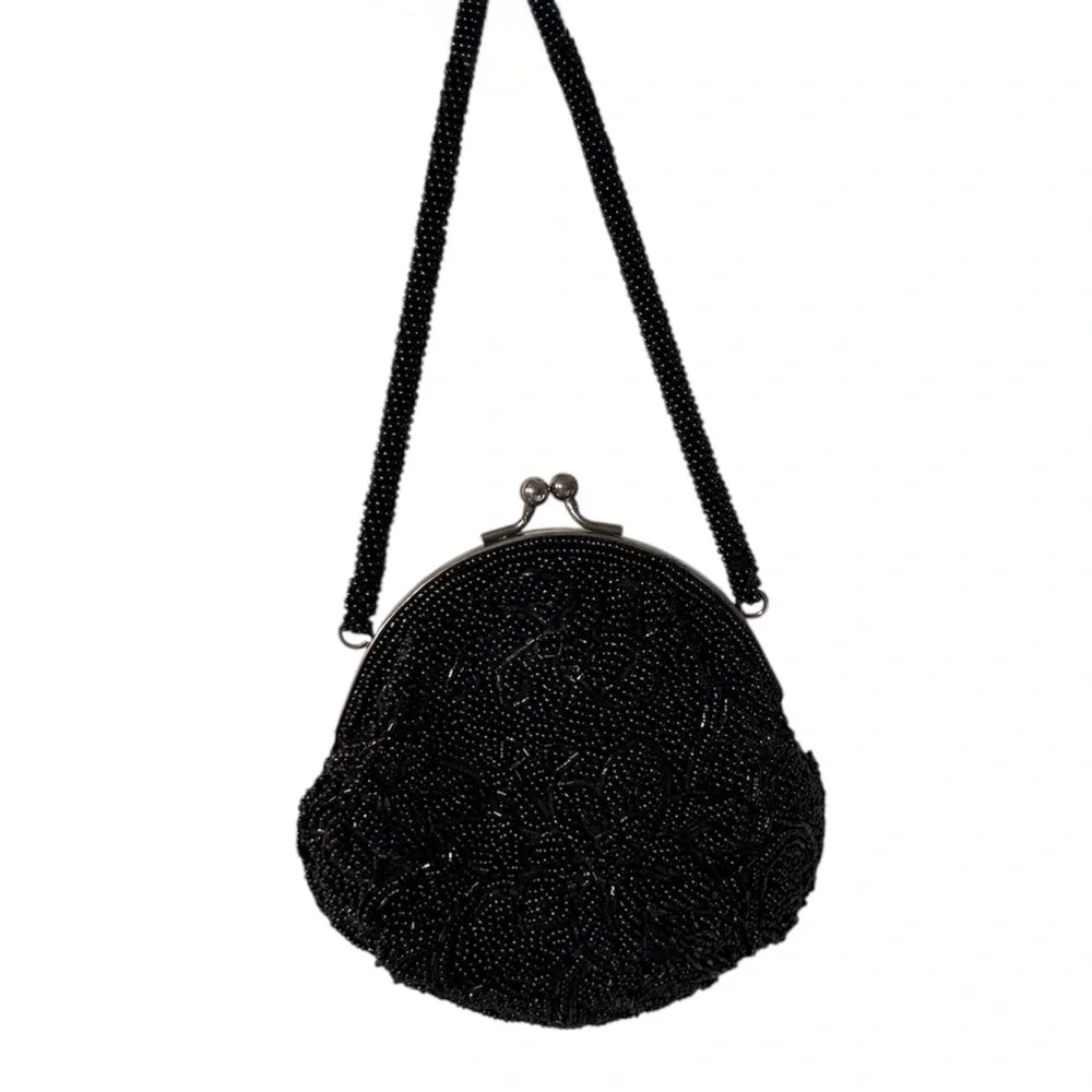 Beaded Evening Bag Black Formal Cocktail Vintage Mini Purse Kiss Lock La Regale